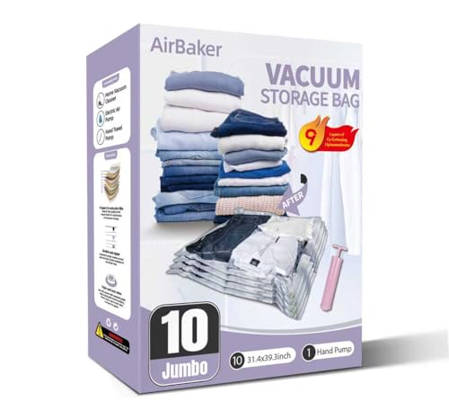 AirBaker Vacuum Storage Bags for moving, Vacuum Seal Bags for Memory Foam, Latex, Clothing & Bedding, Space Saver Bags for Organization and Storage(10 Jumbo)