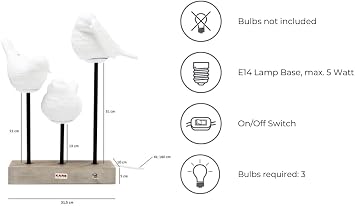 Table Lamp Animal Birds, White, Porcelain, Concrete, Bar Brass Lacquered, Led, Bedside Lamp, Lighting, Room Decor, Bedroom, Living Room, Bulbs not Included, 52 x 35 x 25 cm (H/W/D)