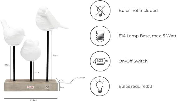 Table Lamp Animal Birds, White, Porcelain, Concrete, Bar Brass Lacquered, Led, Bedside Lamp, Lighting, Room Decor, Bedroom, Living Room, Bulbs not Included, 52 x 35 x 25 cm (H/W/D)