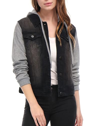 Allegra K Women's Jean Jackets Layered Drawstring Hood Denim Jacket with Pockets