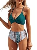 ZAFUL Twist High Waisted Bikini for Women Cross Lace Up Bathing Suit Ruched Bikini Swimsuits Tummy Control Swimwear Green Tribal L