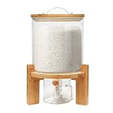 Ageanbri Rice Dispenser Cereal Dispenser Rice Storage Container Flour and Cereal Container with Airtight Lid and Wooden Stand, Glass Food Storge Container for Kitchen Organization, Pantry Store (5L)