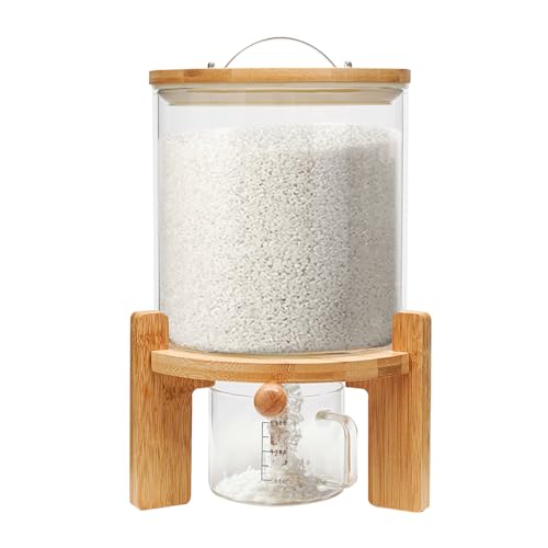 Glass Rice Dispenser, Rice Dispenser Countertop with Airtight Lid, Wooden Stand and Measuring Cup, Food Storge Container for Kitchen Organization and Pantry Store(5L)