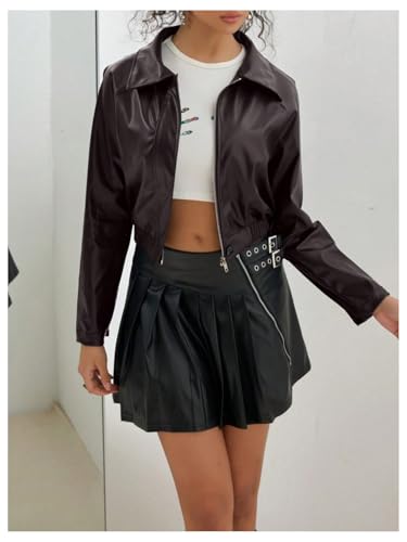 MakeMeChic Women's Faux Leather Jacket Zip Up Long Sleeve Crop Motorcycle Coat2