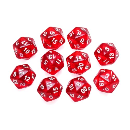 Yiotfandoll 10 Pieces Polyhedral Dice Set D20 Dice 20mm Acrylic 20 Sided Game Dice for Dungeons and Dragons RPG MTG DND Dice Table Games (Transparent Red)