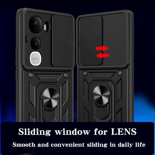 Image of SPAZY CASE Vivo Y400 Pro Back Cover | Heavy Duty Hybrid Case with 360 Degree Rotating Finger Ring Holder + Slider Shutter Camera Protection Case for Vivo Y400 Pro - Black