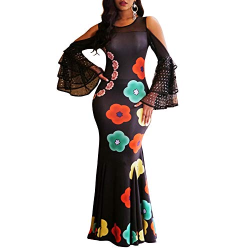 VERWIN Print Mesh Sleeve Floral Falbala Floor Length Women's Maxi Dress Cocktail Dress Bodycon Dress XL Black