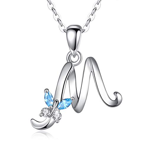 Eudora Initial Necklace M Letter For Women Girl Sterling Silver Personalized Letter Pendant With Blue Cubic Zirconia Butterfly 18 Inches Chain #TOP1