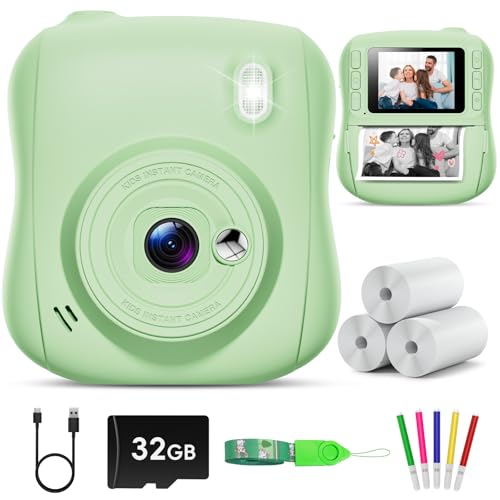 Hangrui Kinderkamera Sofortbildkamera 14MP Sofortbildkamera Kinder mit 32G Karte & Druckpapier 1080P Kamera Kinder Sofortdruck mit Farbige Stifte Geschenk für 3-12 Jungen und Mädchen-Grün