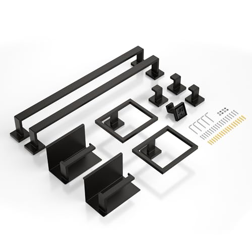 JIXB 10-Piece 23.6 Inch Matte Black Bathroom Hardware Accessories Set, Bath Towel Bar Set, SUS304 Stainless Steel Toilet Paper Holder with Shelf, Towel Hooks, Towel Rings Wall Mounted by JIXB - Image 8
