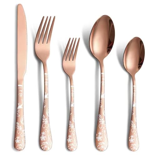 Jxkgenix Besteck Set, 4 Personen Essbesteck Set 20 teilig, Messer, Gabel, Löffel, Muster, Besteck Edelstahl Spiegelpoliert, Spülmaschinenfest...