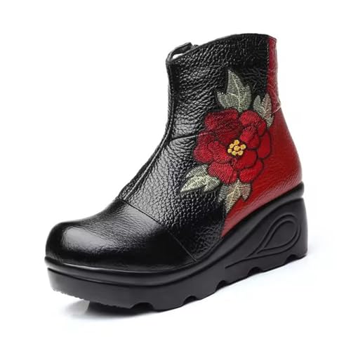 Women's Genuine Leather Embroidery Flowers Platform Ankle Boots with Side Zipper Comfy Memory Foam Insole Soft Sole Anti-slip National Style Booties Outdoor Short Boots