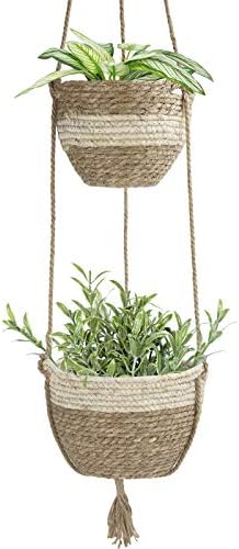 LA JOLIE MUSE Hanging Planter Basket Indoor Outdoor,Natural Seagrass Flower Plant Pots, Beige