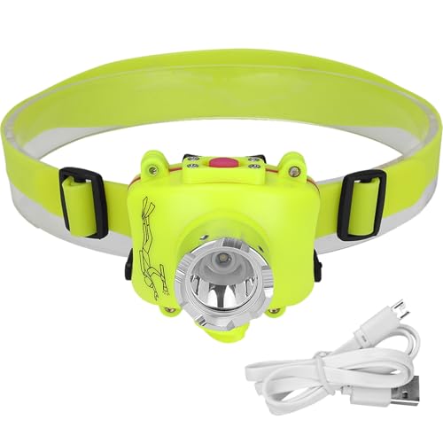 Jeorywoet Diving Headlamp, 600mAh 120lm Diving Flashlight, 3W 4 Mode Waterproof Dive Light, Fluorescent Green Underwater Flashlight with Adjustable Headband