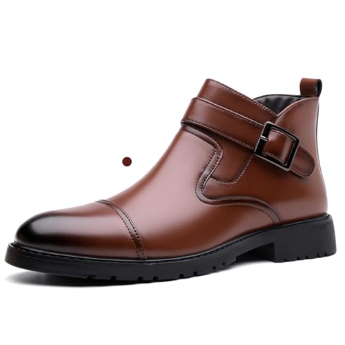 Men's Leather Low Heel Dress Chelsea Ankle Boots Fashion Side Zipper Comfort Cap Toe Non-Slip Block Heel Winter Warm Boots Formal Business Wedding Evening Monk Strap Chukka Boots (Brown Velvet,10.5)