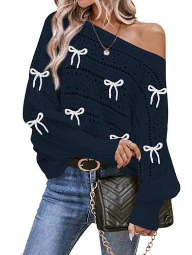 Image of Cakulo Womens Off Shoulder Sweater Top Fall Outfits Fashion 2025 Oversized Knit Batwing Long Sleeve Crochet Pullover Sweaters