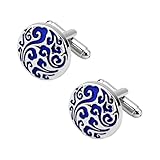 Blue Enamel Cufflinks French Cuff Links for Men Classic Round Cufflinks Tuxedo Shirt Studs for Men Retro Pattern Cufflink Set Vintage Cuff Links for Wedding Party Business Meeting