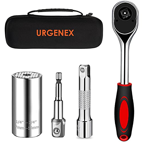 URGENEX Prise en main universelle (7-19 mm) avec clé à cliquet 3/8" multifonction. Douille auto-ajustable avec adaptateur pour perceuse électrique. Cadeau pour homme, bricoleur, petit ami, lui Cover