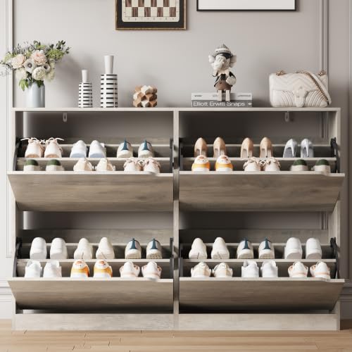 Image of Xixini Shoe Storage Cabinet for Entryway with 4 Flip Drawers, Sturdy Wood Hidden Shoe Storage, Freestanding Narrow Slim Shoe Organizer for Front Door Entrance, Living Room, Hallway, Bedroom, Grey