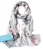 LIVLOKO London Seiden-Satin-Schal für Damen, groß, leicht, glatt, Chiffon, Kopfhaar, Hijab, Hals, Twilly, Hochzeitsschals, Kollektion für junge oder ältere Frauen, Silberfarbenes Blumenmuster – Box
