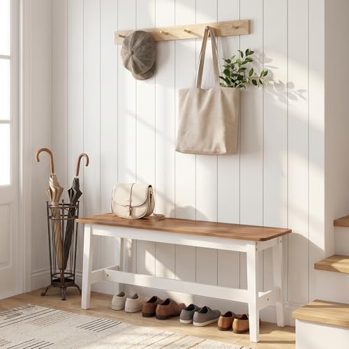 Image of HOOBRO 39.3'' Bamboo Dining Bench, Farmhouse Kitchen Table Bench, Kitchen & Living Room Furniture, Easy to Assemble, Sturdy and Stable, Walnut and White WH03CD01G2
