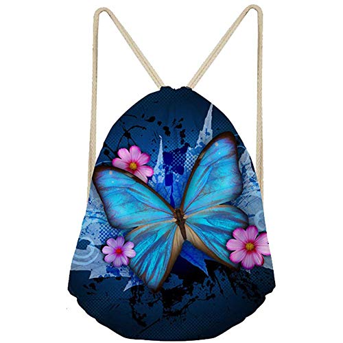 Giftpuzz Blue Butterfly Drawstrings Backpacks Bags Gym Backpack Men Women Carrying Sports Workout Travel School Shopping Daypack Floral Navy Blue Casual Rucksacks Bulk #TOP21