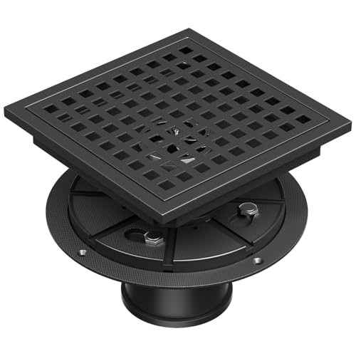 Square Shower Floor Drain with Flange, 6 Inch Matte Black