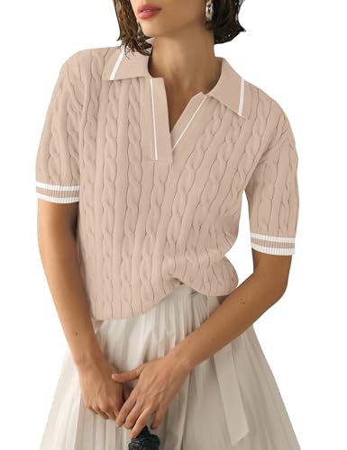 Image of Micoson Womens Short Sleeve Sweater Tops Lapel V Neck Polo Shirts 2026 Summer Cable Knit Loose Blouse Business Casual Outfits