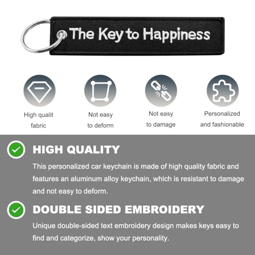 Image of Personalized Keychain, Embroidery Double Sided Key Chain Tag, Customized Car Scooter Key Chain Luggage Tag for Men (The Key To Happiness)