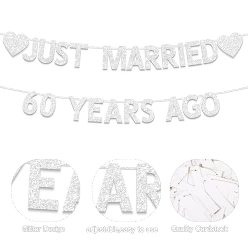 Image of 60th Wedding Anniversary Party Banner Decorations, Silver Glitter Just Married 60 Years Ago Banner, We Still Do 60th, 60 Years Blessed & Loved Decorations Supplies