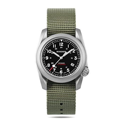 BODERRY Montre Militaire Automatique en Titane pour Homme - 40 mm - Fonction Jour et Date - Étanche à 100 m - avec Bracelet en Nylon - Mouvement mécanique Japonais et Couronne vissée - Voyager