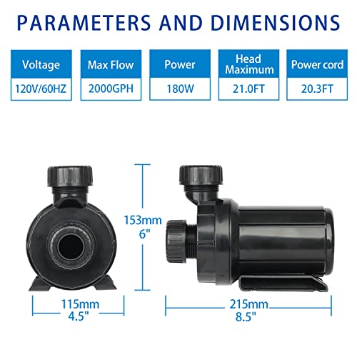 Image of OYO WATER 2000 GPH Submersible Outdoor Inline Pump Pond | High Head Water Pump for Garden Waterfall Fountain Water Circulation Pump for Koi Fish Pond