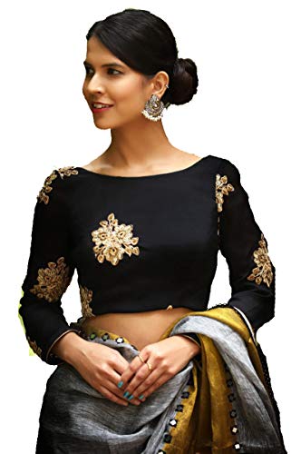 Women's Taffeta Silk Stitched Embroidery work Saree Blouse (Medium-36, Black)