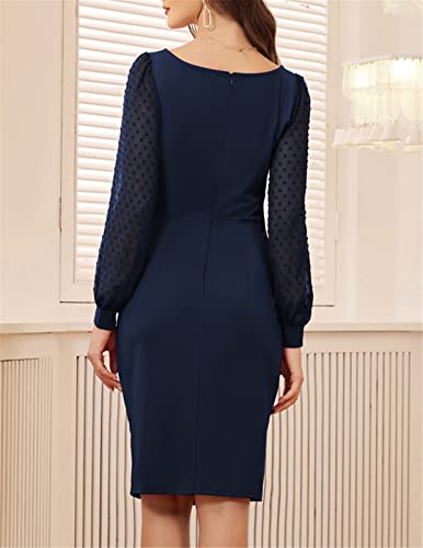 Women's Casual Pencil Dress Swiss Dot Lantern Sleeve Bodycon Dress Wear To Work Office Cocktail Dresses Navy Blue Xxl #TOP3