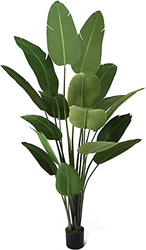 Fencer Wire Artificial Bird of Paradise, Fake Palm Tree Potted Plant, Faux Banana Leaf Tree Plant in Pot with Dried Moss for Office, Indoor, Outdoor, 7 Feet, 84 Inch with 17 Trunks