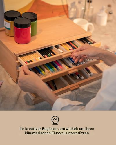 DJAR 6-Schubladen Aufbewahrungsbox für Künstlerbedarf, Tragbarer Buchenholz-Organizer für Pastellkreiden, Pinsel, Stifte, Herausnehmbare Fächer, Natur