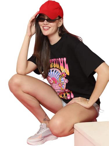 Image of Preneum Women's Cotton Aesthetic & Cool Graphic Printed Baggy Fit Drop-Shoulder Sleeves Cotton Oversized T-Shirt || Printed