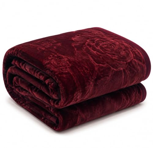 Image of VAS COLLECTIONS 280 GSM Micromink Blanket, Premium Soft Warm Cozy Blanket, Plush Double Bed Blanket, Ultra Soft Comfortable Bedding, Embossed Floral Design, 82 x 86 Inches (208 x 218 cm) - Wine Red