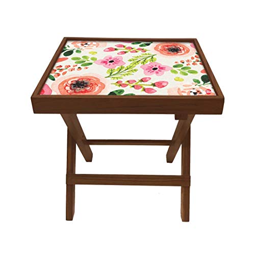 Image of Nutcase Designer Teak Wood Side Table Folding Wooden Bedside Coffee Outdoor Picnic Table - Cute Pink Floral
