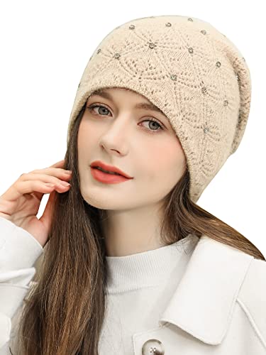 Adigaber Knit Beanie Hat for Ladies Long Skull Cap for Winter Slouchy Beanie with Double Wool Thermal Lining and Drills Beige