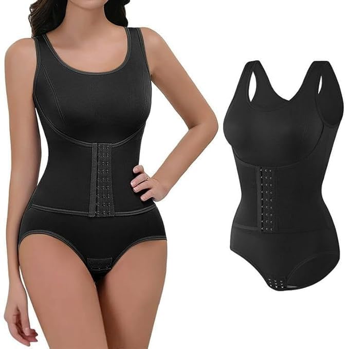ikira Women Tummy Control Shapewear Bodysuit, Full Body Shaper Waist Trainer Corset with Posture Corrector and Hip Lifter (Black and Beige) (Pack Of 1)-picture-0