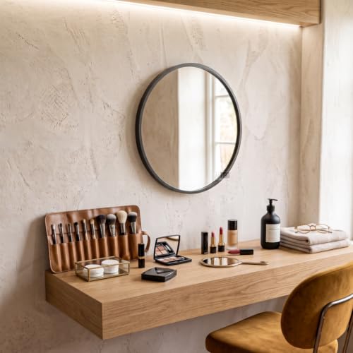 Image of Round Wall Mirror in Gold I Metal Frame Mirror I Modern Design Metal Frame Mirror in Medium Size I Bathroom Wash Basin, Bedroom, Drawing Room (Black 18 inch)