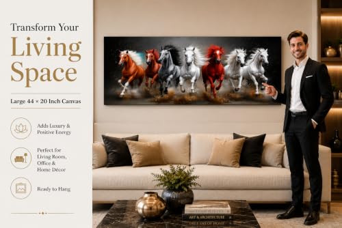 Image of 7 Horse Vastu Sunrise Canvas Painting | Positive Energy Wall Decor | Big Size Premium Running Horses Artwork for Home, Office & Hall Decoration (Modern, Sand Horse, 44x20 Inch)