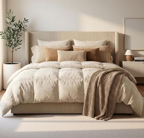IDEALHOUSE King Size Bed Frame with Storage Drawers Corduroy Upholstered Platform Bedframe with Wingback Headboard and Footboard No Box Spring Needed Beige
