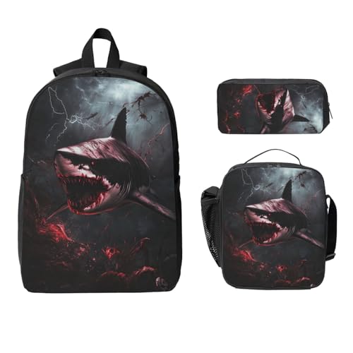 Halloween Horror Shark Backpacks 3 Pcs Minimalist Backpack for Men and Women with Fun Graphic Cartoon Print for Daily Commute