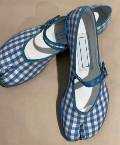 Retro Checkered Print Lightweight & Sport Tabi Shoes Mary Janes Ballet Flat Split Toe Women Kawaii Korean Style3