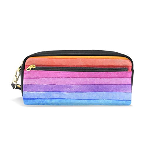 Preisvergleich Produktbild Ahdyr Bleistiftetui Streifen Regenbogenmuster PU Leder Bleistiftbeutel Reißverschluss Stiftbeutelhalter Student Stationary Cosmetic Makeup Bag