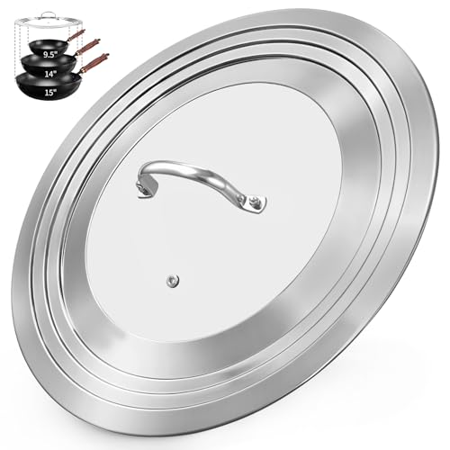 15 Inch Extra Large Universal Lid for Pots Pans and Skillets Pan Lid Fits 9.5/10/11/12/13/14/15 Inch Cookware Stainless Steel & Tempered Glass Replacement Frying Pan Lid Dishwasher Safe