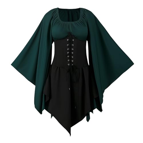 FJKVKDT Damen Mittelalter Kleid Mit Trompetenärmel Renaissance Mittelalter Kostüm Korsett für Halloween Viktorianisches Kleid (Stil-1, L)