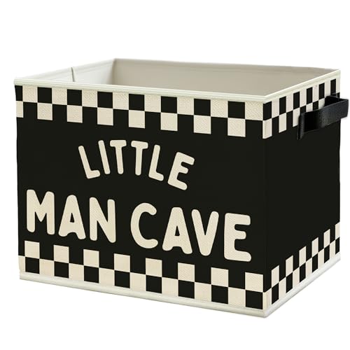 Image of Little Man Cave Boys Storage Bins Box with Handles, Black White Checkered Collapsible Basket Organizer for Kids Boys Playroom Nursery Room Bedroom Bathroom Books Clothes